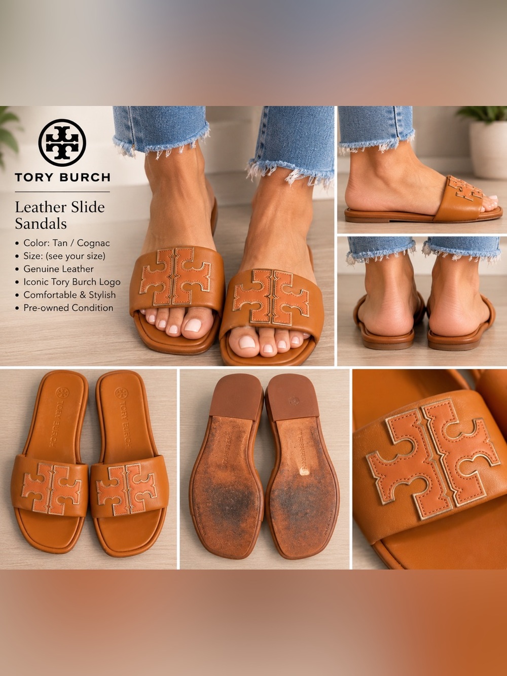 Tory Burch Tan/Cognac Leather Logo Slide Sandals